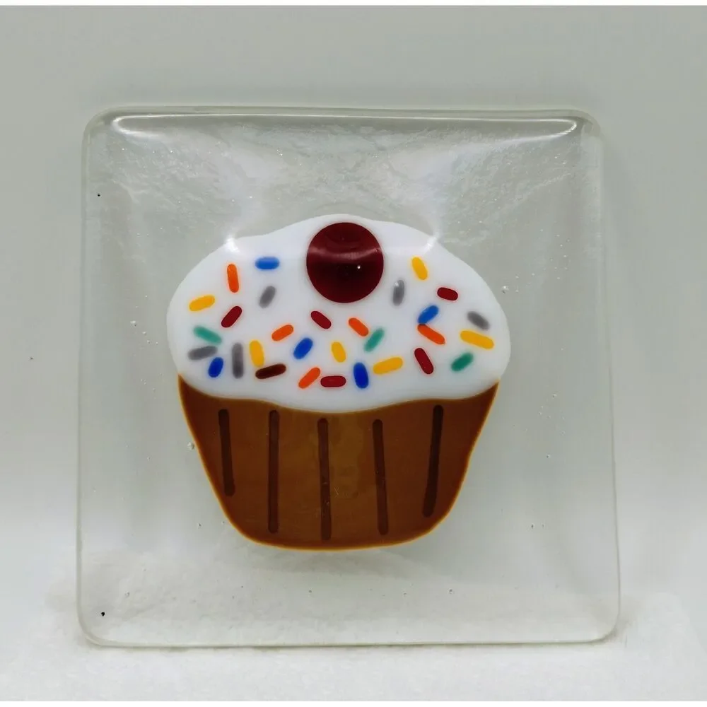 Handmade Fused Glass Cupcake Square Plate Trinket Dish Sprinkles Cherry 4.75in